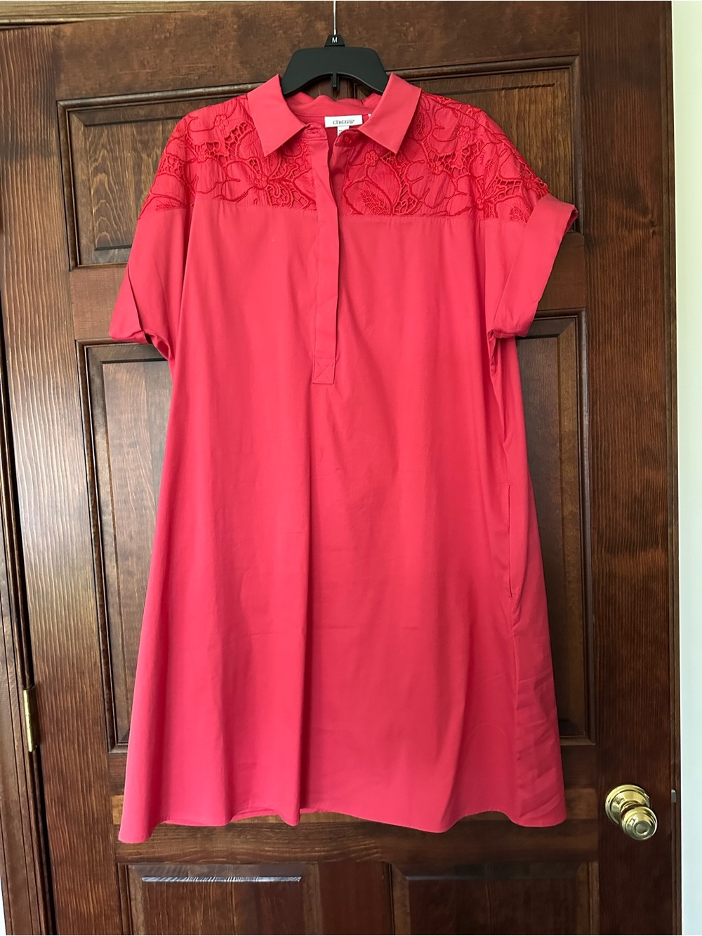 Chico's Coral Lace-Yoke Midi Shirt Dress